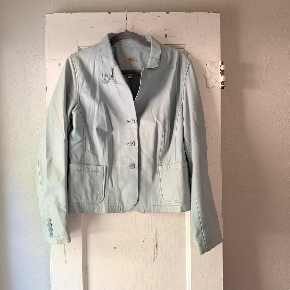 Wilsons Leather Womens Pastel Blue Genuine Leather Blazer Jacket Size Medium